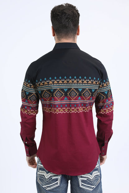 Platini Men's Western Modern Fit Cotton/Spandex Long Sleeve Wine Shirt with Snaps (WPL10749 Wine)