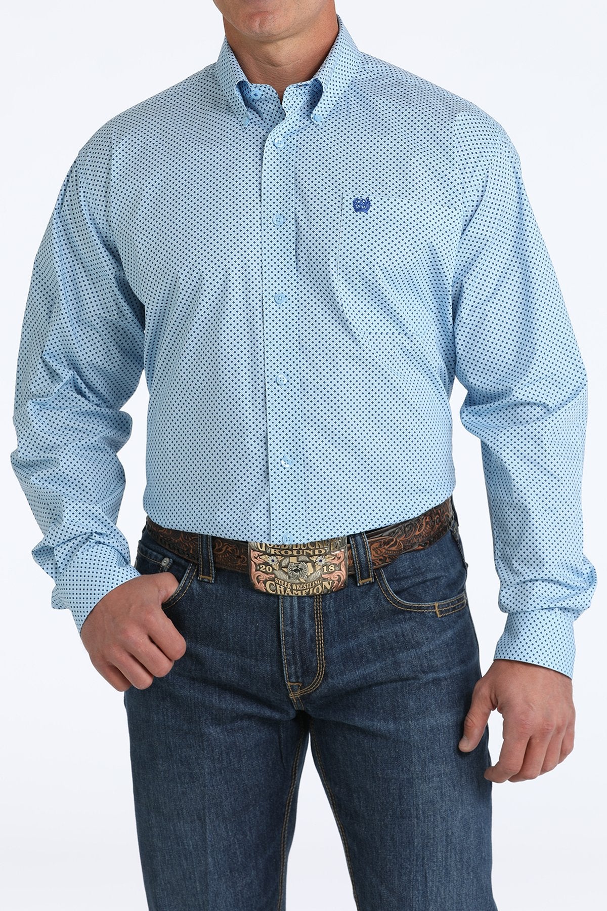 Cinch Men's Stretch Diamond Print Button Down Western Long Sleeve Shirt (MTW1105798 Light Blue)