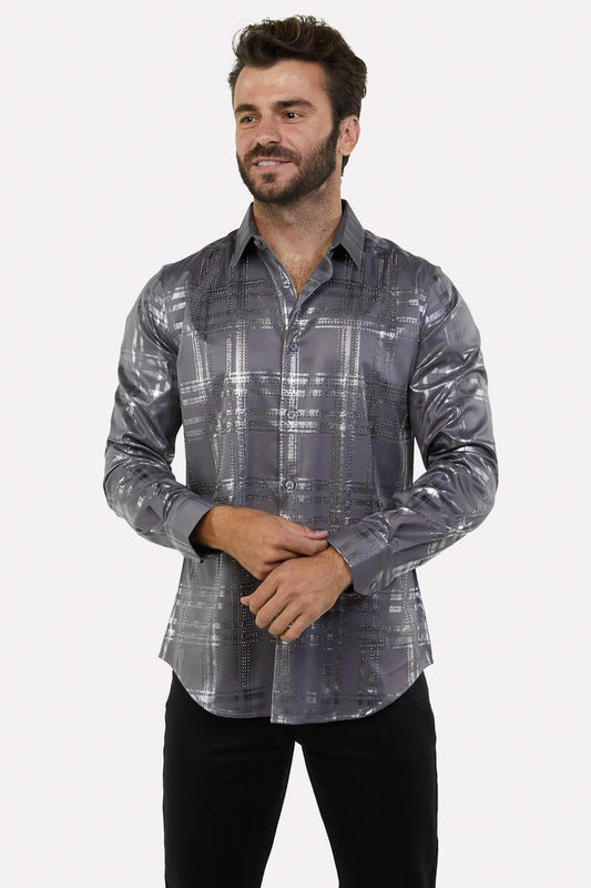Platini Men's Satin Grey Plaid Rhinestone Dress Shirt (RHL7817 - Light Grey)