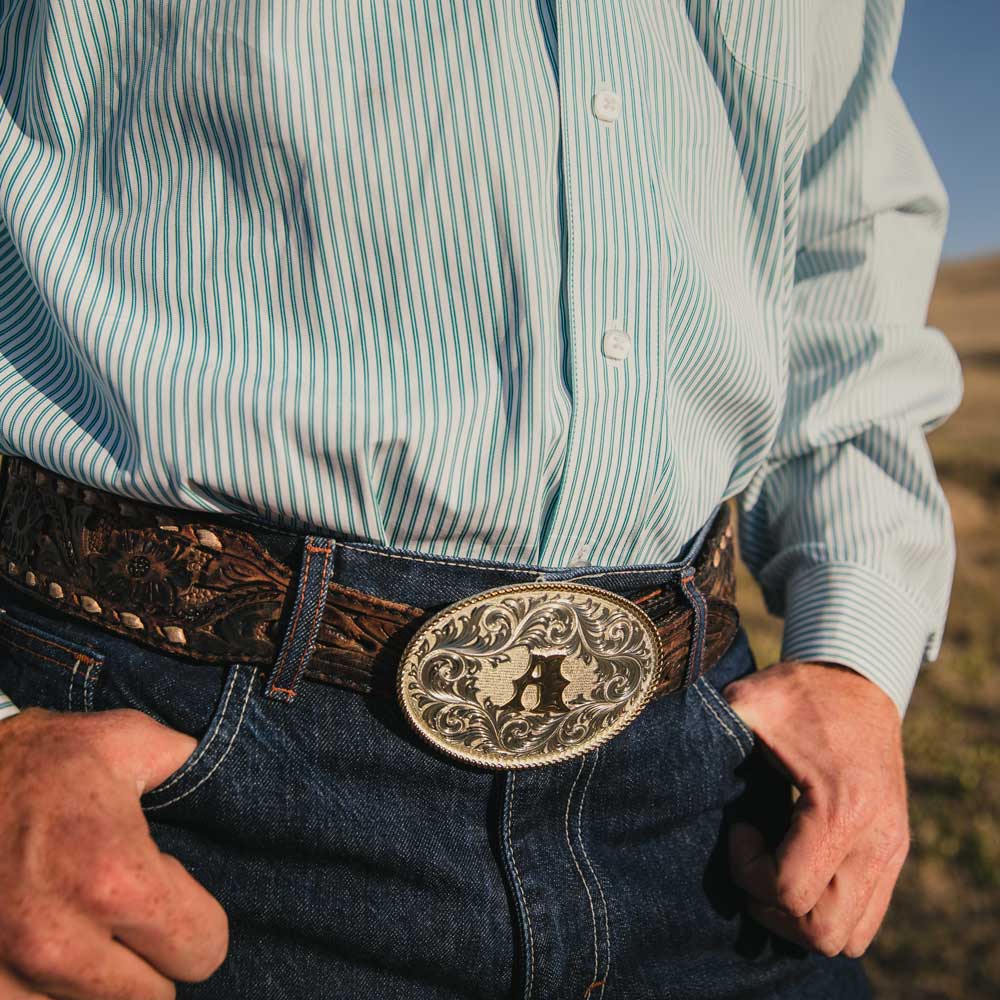 Montana Silversmiths Classic Western Oval Two-Tone Initial Belt Buckle - A (1255A)