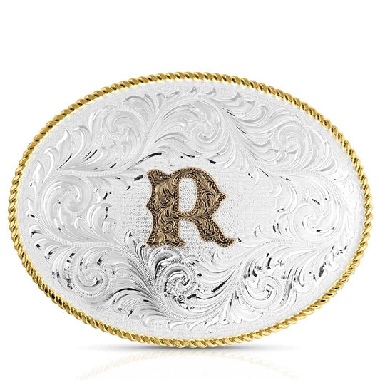 Montana Silversmiths Classic Western Oval Two-Tone Initial Belt Buckle - R (1255R)