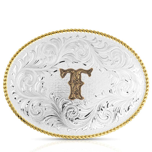 Montana Silversmiths Classic Western Oval Two-Tone Initial Belt Buckle - T (1255T)