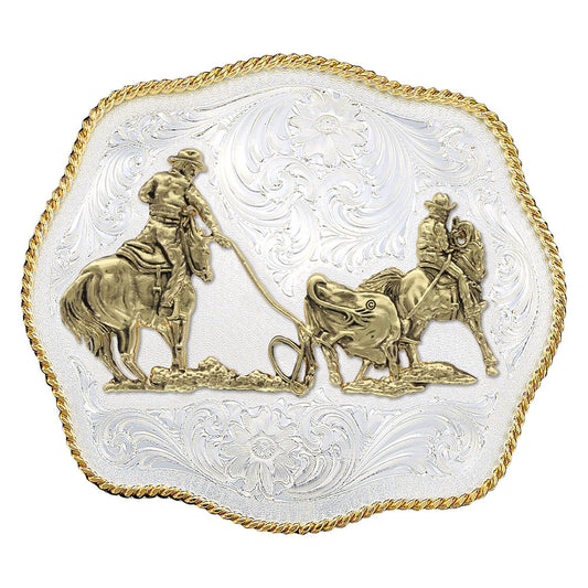 Montana Silversmiths Scalloped Western Belt Buckle with Team Ropers (1930)