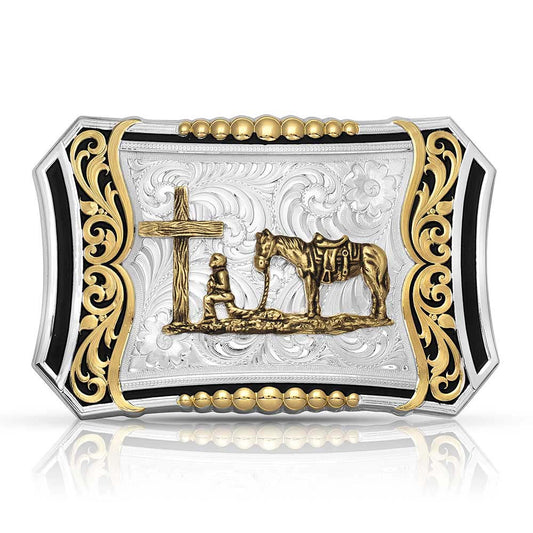 Montana Silversmiths Two Tone Deep Roots Filigree Buckle with Christian Cowboy (39510YG-731)